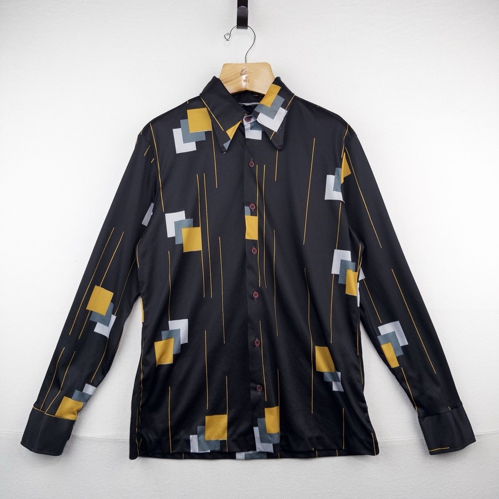 70's Vtg Dagger Collar Shirt Mens Large Black Abstract  Disco *Read